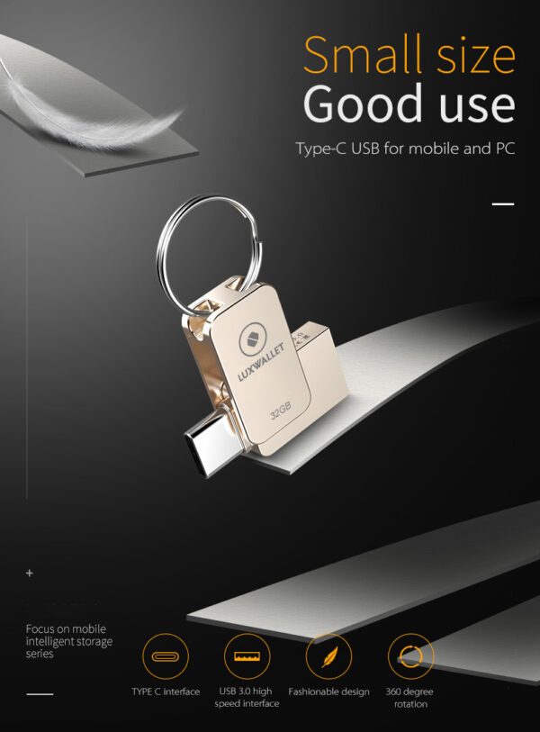 LUXWALLET PD5 Mini USB Stick 32GB USB-C Type-C OTG USB 3.0 Flash Drive – Geheugen – Zilver - Afbeelding 6