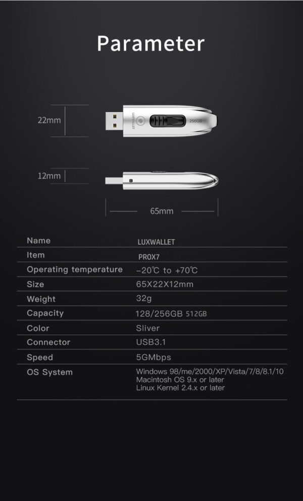 LUXWALLET PROX7 - Metalen USB 3.1 Stick - 128GB Opslag - Draagbare Opslag Flash Drive – Uitschuifbare Ontwerp - Zilver - Afbeelding 12