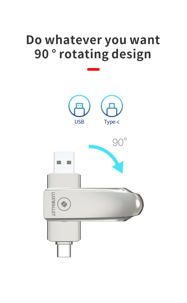 LUXWALLET PROX5 - Metalen USB 3.2 stick - 512GB Opslag - USB 3.2 - Draagbare Opslag Flash drive – Geheugen Stick + 360 ° rotatie - Zilver - Afbeelding 8