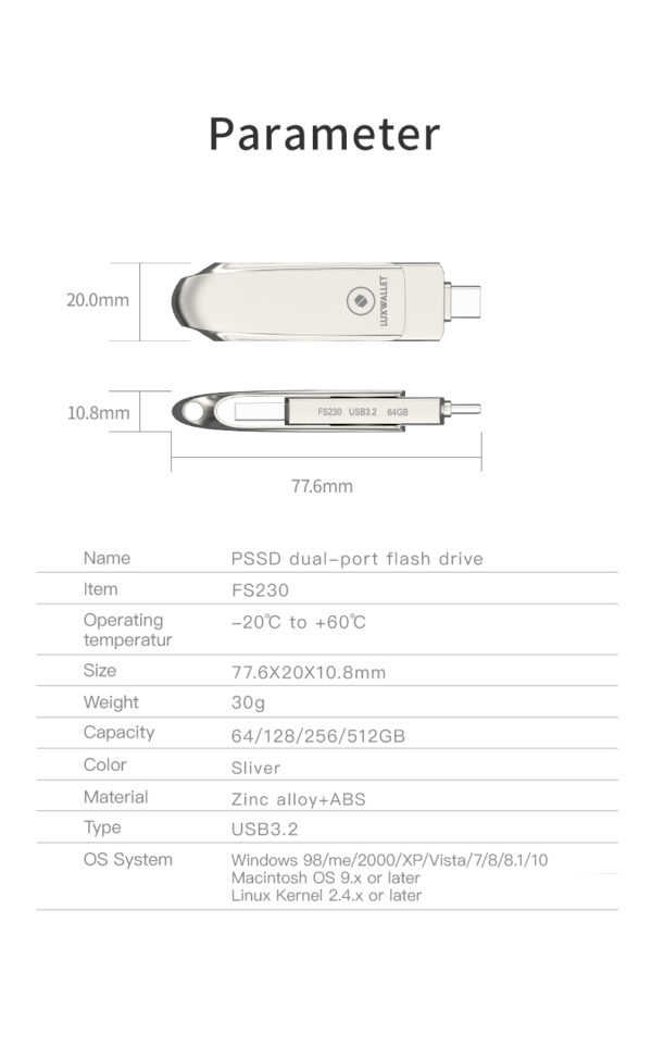 LUXWALLET PROX5 - Metalen USB 3.2 stick - 512GB Opslag - USB 3.2 - Draagbare Opslag Flash drive – Geheugen Stick + 360 ° rotatie - Zilver - Afbeelding 13