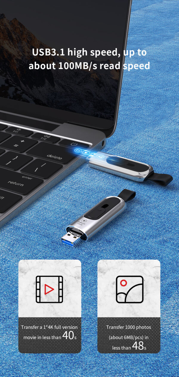 LUXWALLET PD1 Metalen USB3.1/3.0 Flash Drive – USB Stick - 64GB - Leessnelheid tot 100Mb/s – Push&Pull met Leren Staartriem- Zilver - Afbeelding 9