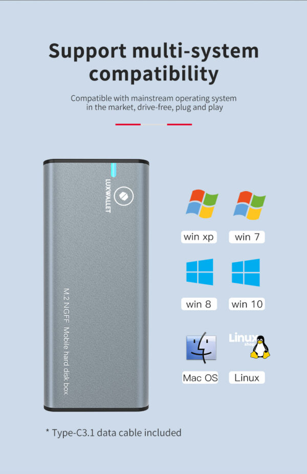 Luxwallet HD480 Externe Harde Schijf Behuizing - M.2 NGFF SSD Naar USB 3.1 Type-C Gen2 SATA3 Converter - 5Gbps - Ondersteunende Hard Drives 2242/2260/2280 - Grijs - Afbeelding 11