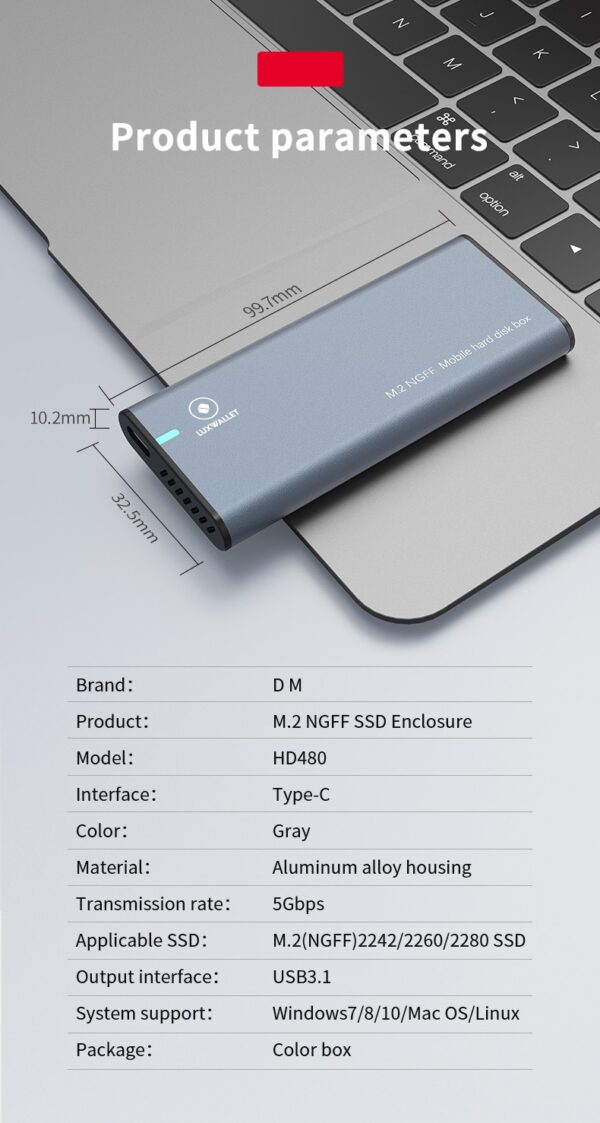 Luxwallet HD480 Externe Harde Schijf Behuizing - M.2 NGFF SSD Naar USB 3.1 Type-C Gen2 SATA3 Converter - 5Gbps - Ondersteunende Hard Drives 2242/2260/2280 - Grijs - Afbeelding 16