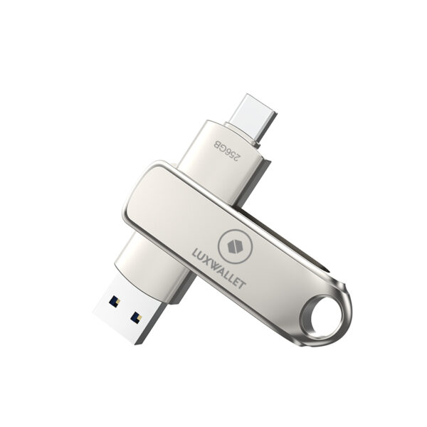 LUXWALLET SwiftSync – USB 3.2 Naar USB-C 3.1 Flashdrive - 90° Rotatie – Ingebouwde Beveiliging – USB Stick – OTG – 256GB – Zilver